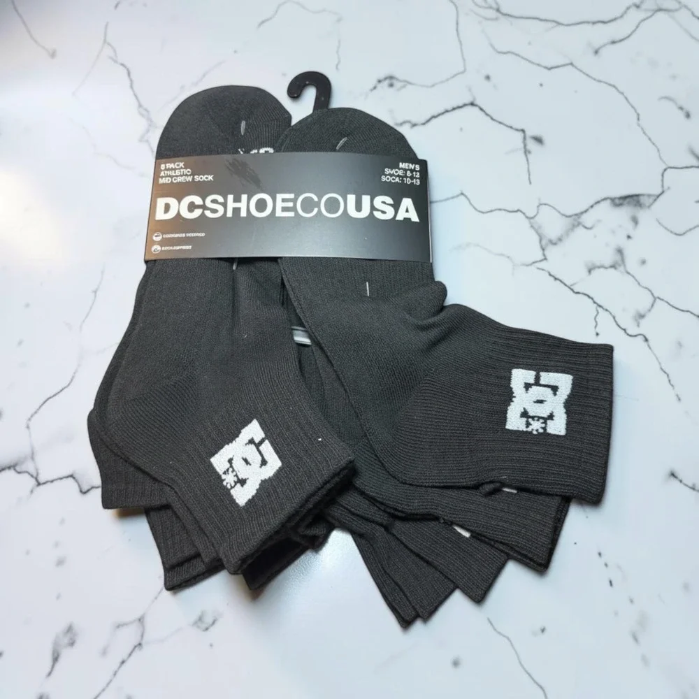 DC Shoes Mid Crew Socks Mens 6-12 Black 6 Pack Athletic Logo Cushioned Skate